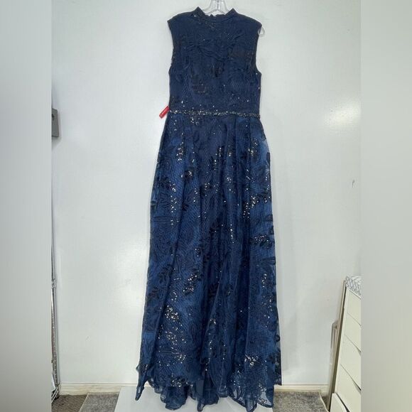 Mac Duggal 20098 Size 14 High Mock-Neck Beaded Column Gown with Overskirt, Navy - Picture 4 of 14